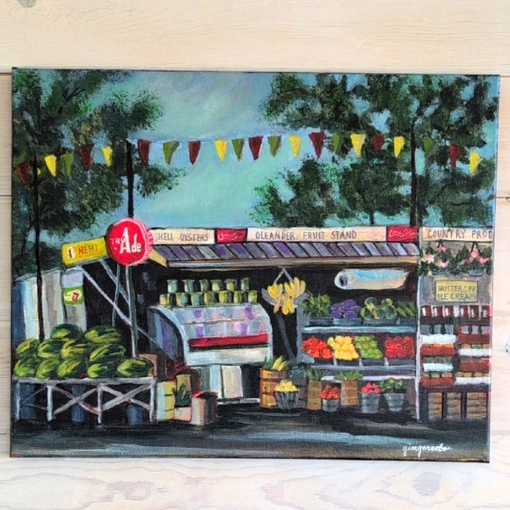 Vintage Market Scene New Original Acrylic Painting Artist Signed Canvas Retro